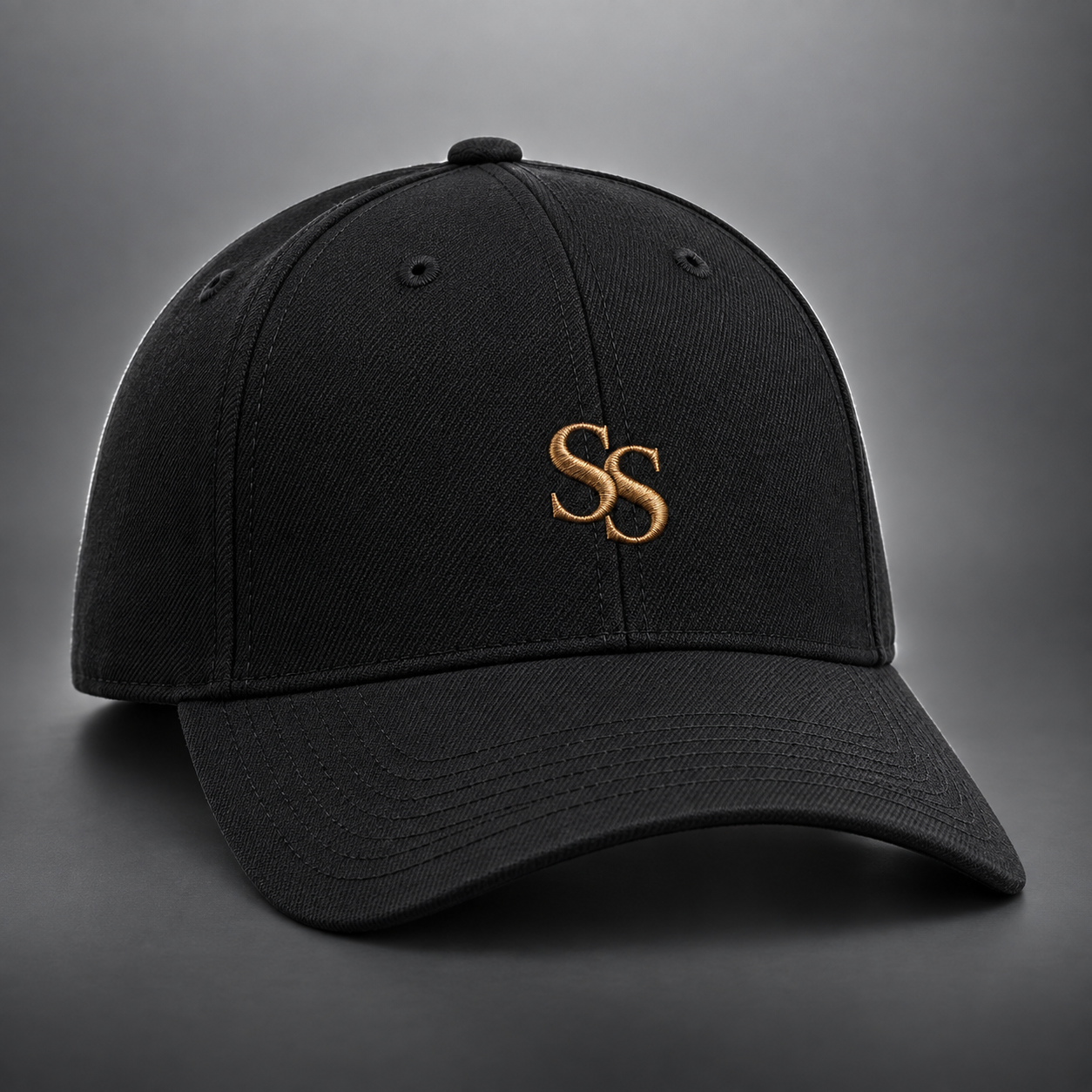 Black structured cap with bronze SS embroidery.