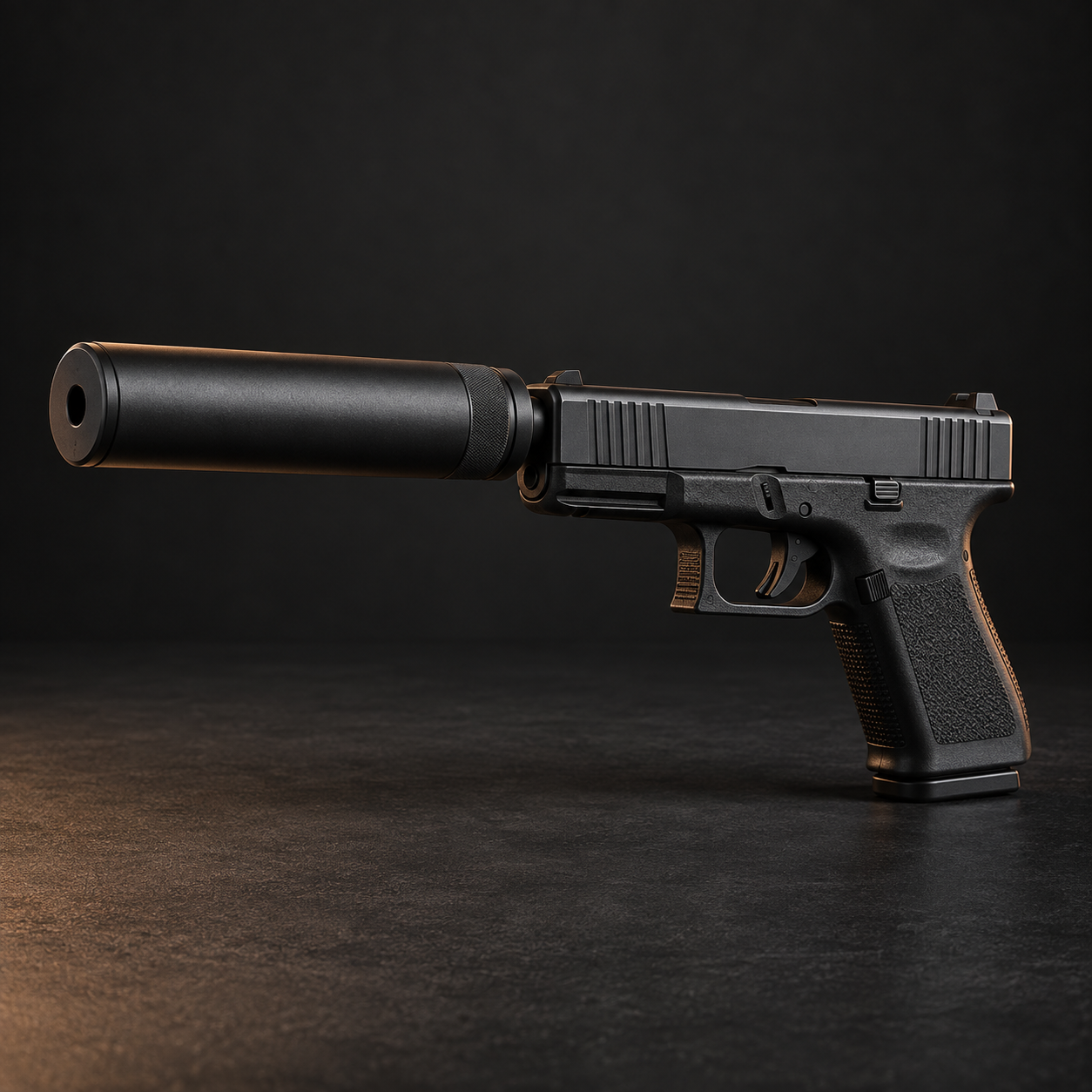 Pistol configured for a home-defense setup on a dark studio background.