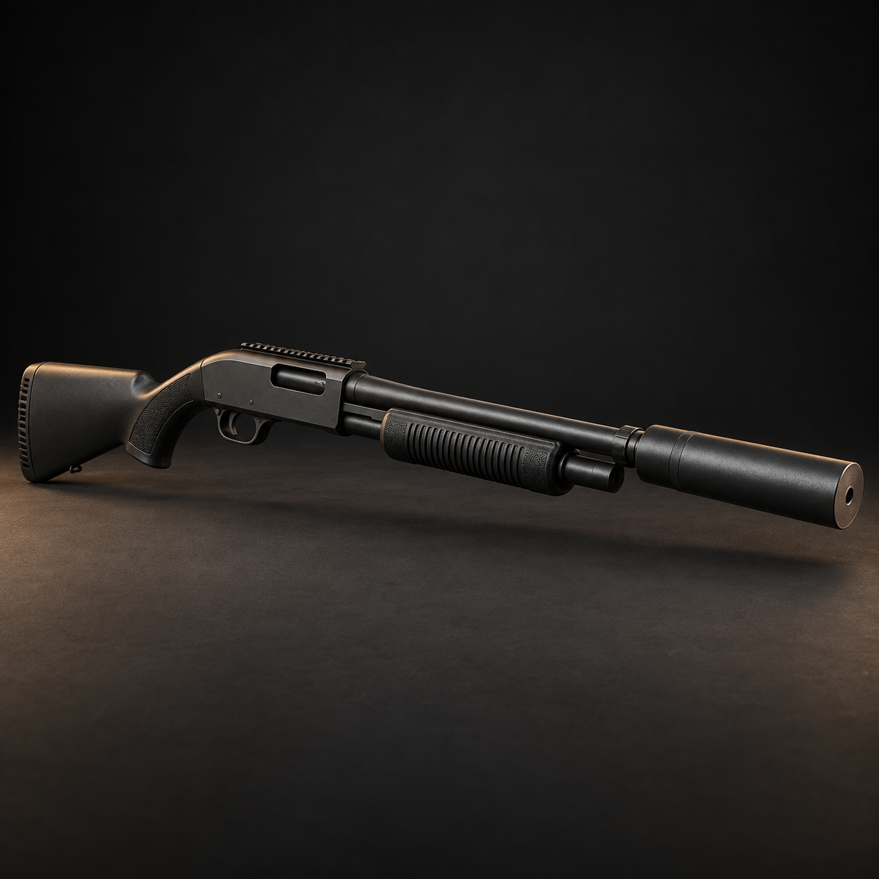 Suppressed tactical shotgun in a studio product photograph.