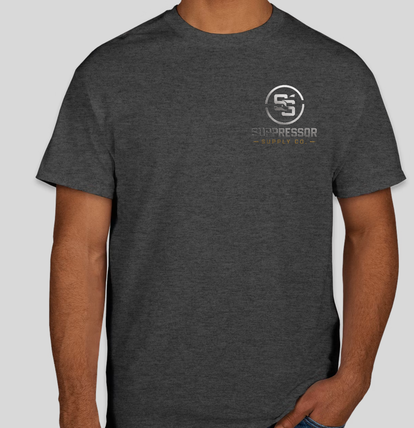 Front view of the charcoal Suppressor Supply Co. T-shirt.